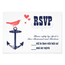 Vintage Modern Cute Coral Bird Navy Anchor RSVP Invitations