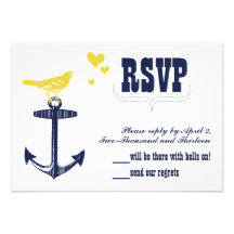 Vintage Modern Cute Yellow Bird Navy Anchor RSVP Personalized Invite