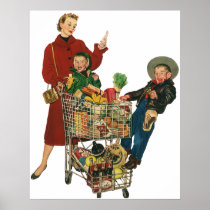 Vintage Mom with her Kids Grocery Shopping Posters
