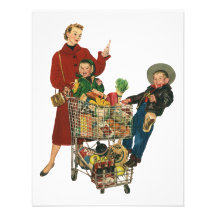 Vintage Mom with her Kids in Cart Grocery Shopping Personalized Invitation