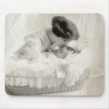 Vintage Mother Kissing Baby in Bassinet Mousepad