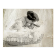 Vintage Mother Kissing Baby in Bassinet Postcards