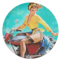 Vintage Motorcycle Rider Gil Elvgren Pinup Girl Dinner Plate