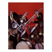 Vintage Music, Art Deco Musical Jazz Band Jamming Postcard