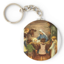 Vintage Nativity Scene, Baby Jesus in the Manger Key Chains