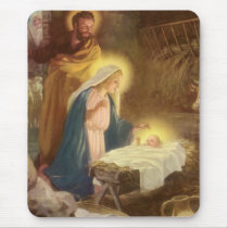 Vintage Nativity Scene; Baby Jesus in the Manger Mousepads