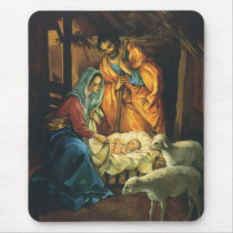 Vintage Nativity Scene; Baby Jesus in the Manger Mousepads