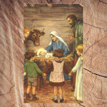 Vintage Nativity Scene, Baby Jesus in the Manger Rectangular Sticker