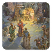 Vintage Nativity Scene with Visiting Magi Square Stickers