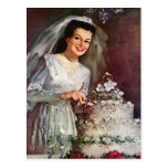 Vintage Newlywed Bride Cutting Her Wedding Cake Post Card