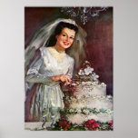 Vintage Newlywed Bride Cutting Her Wedding Cake Posters