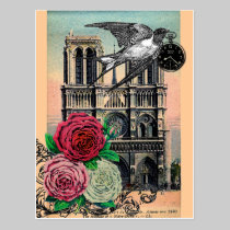 Vintage Notre Dame, Swallow, Roses, Collage postcards