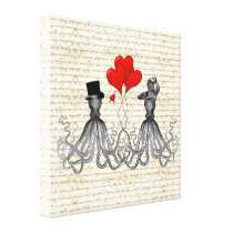 Vintage octopi and hearts stretched canvas print