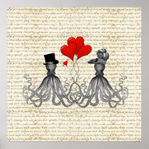 Vintage octopi and hearts poster