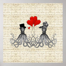 Vintage octopi and hearts poster
