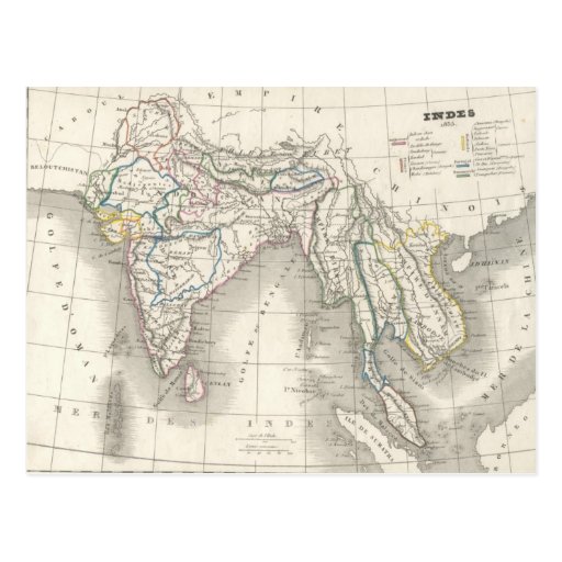 Vintage old world India map print postcard