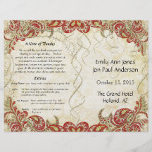 Vintage Paisley Peacock Red Wedding Program Full Color Flyer