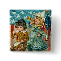 Vintage Patriotic Girl and Boy Square Button