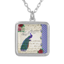 Vintage Peacock Collage Personalized Necklace