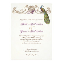 Vintage Peacock & Etching Wedding Invitation White