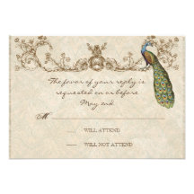 Vintage Peacock & Etchings Wedding RSVP Card Invites
