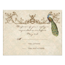 Vintage Peacock & Etchings Wedding RSVP Card Personalized Invitation