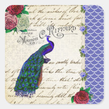 Vintage Peacock Song Collage Square Stickers
