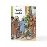 Vintage-people looking at board ("you're invited") greeting card