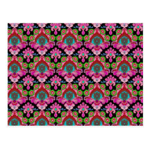 Vintage pink black damask pattern colourful royal postcard