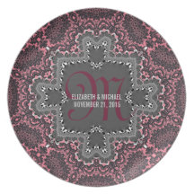 Vintage Pink Damask Lace Monogram Wedding Gift Dinner Plate