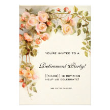 Vintage Pink Roses Antique Floral Retirement Party Custom Invites