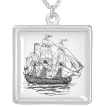 Vintage Pirates, Sketch of a 74 Gun Ship Custom Necklace