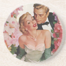Vintage Portrait, Bride Groom, Newlyweds w Flowers Beverage Coaster