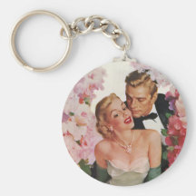 Vintage Portrait, Bride Groom, Newlyweds w Flowers Keychain