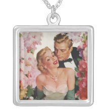 Vintage Portrait, Bride Groom, Newlyweds w Flowers Pendants