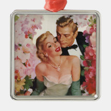 Vintage Portrait, Bride Groom, Newlyweds w Flowers Christmas Tree Ornament