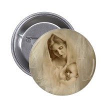 Vintage Portrait, Loving Mother Holding Baby Child Button