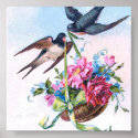 Vintage Poster With Swallows And Roses posters