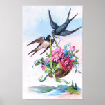 Vintage Poster With Swallows And Roses
