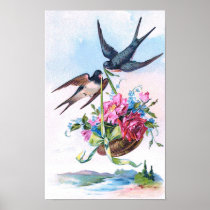Vintage Poster With Swallows And Roses