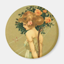 Vintage Pretty Girl With Pink Roses and Butterfly Fridge Magnets
