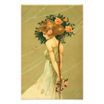 Vintage Pretty Girl With Pink Roses and Butterfly Photograph