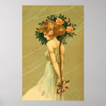 Vintage Pretty Girl With Pink Roses and Butterfly Posters