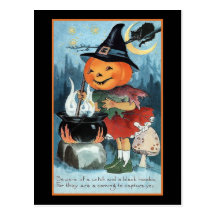 Vintage Pumpkin Witch Invitation Postcard
