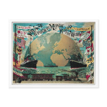 Vintage railway and sea travel world map ad postcard