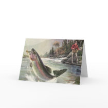 Vintage Rainbow Trout and Fisherman Greeting Card