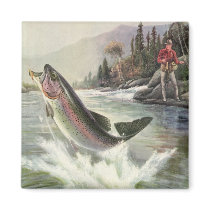 Vintage Rainbow Trout and Fisherman Refrigerator Magnet
