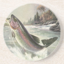 Vintage Rainbow Trout  Fish Fisherman Fishing Beverage Coasters