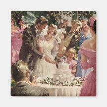 Vintage Reception Bride Groom Newlyweds Cut Cake Magnets