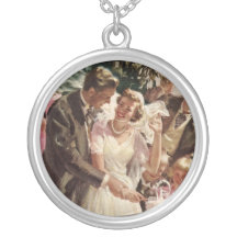 Vintage Reception Bride Groom Newlyweds Cut Cake Pendants